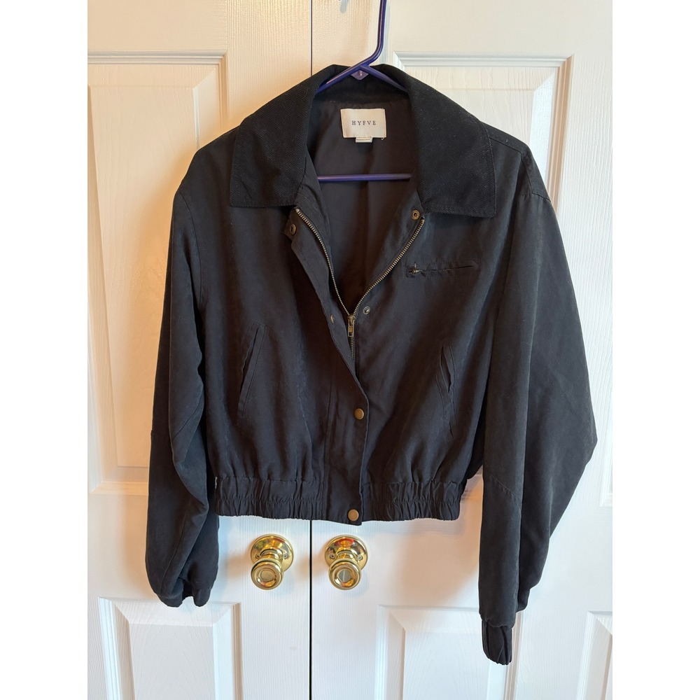 Hyfve Womens Black Cropped Bomber Jacket Corduroy Collar Size M